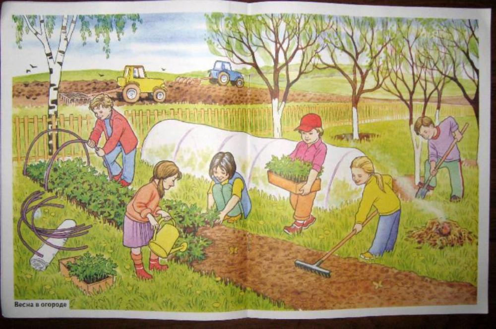 Труд людей весной картинки для детей. Весенние сельскохозяйственные работы в огородах. Сюжетные картины. Весенние работы в саду картина для детей. Труд в огороде.